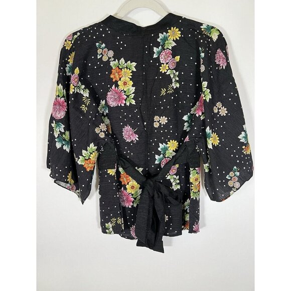 Vintage 90s Carole Little black floral kimono style shirt szS beaded bohemian - Picture 2 of 7